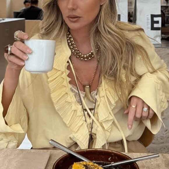 Yellow Casual Women's Beach Style Ruffled Front Short Back Long sleeve top - Picture 7 of 9